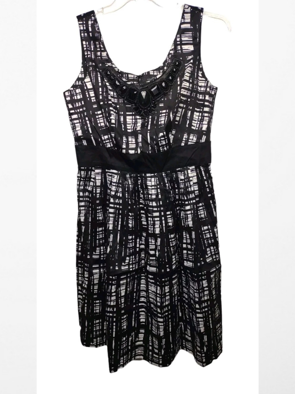 East 5th Black & White Patterned Sleeveless Dress with Embellished Neckline
